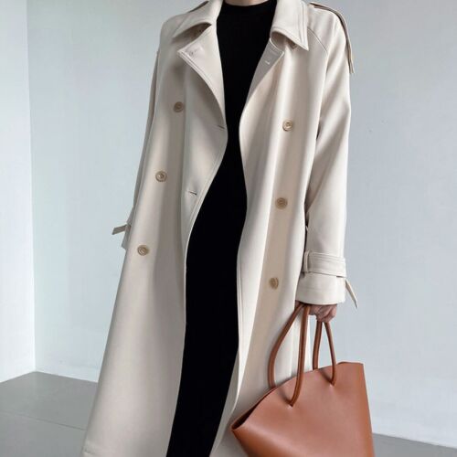New British Style Coat Womens Mid Long Trench Coat Double Breasted Lapel Outwear