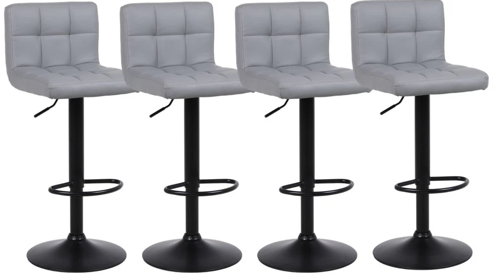 4 X Grey Bar Stools Breakfast Chairs Faux Leather Swivel, Black Metalwork