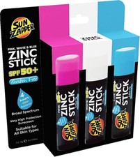 SUN ZAPPER ZINC STICK 12 GRAMS SPF50 BLUE PINK WHITE 3/PACK