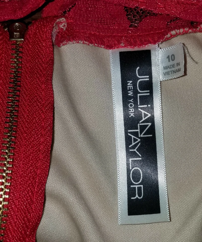 Vestido Julian Taylor NY Talla 10 Rojo Floral Encaje Desnudo Base Media Manga Bonito Foto 2 de 4