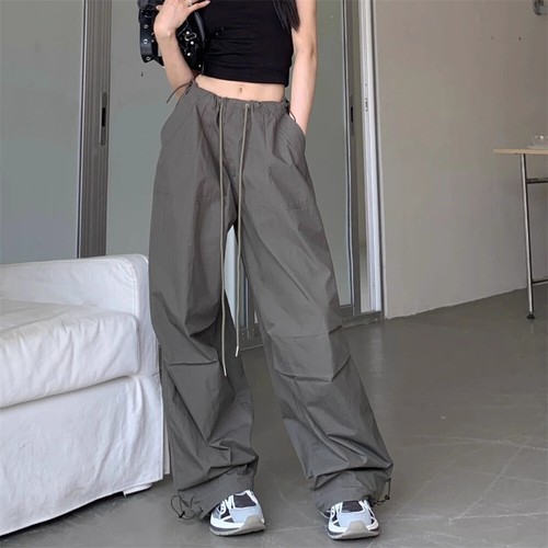 Pantalones cargo informales de color liso para mujer cintura alta cordón pierna recta sueltos - Imagen 1 de 9