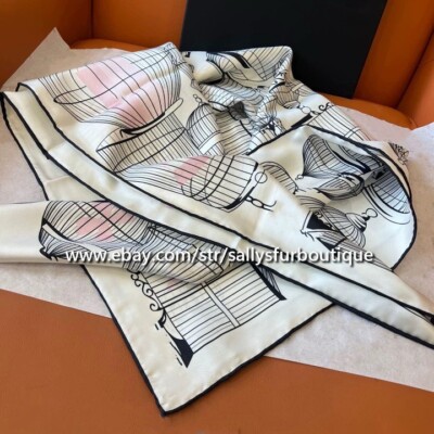 2025 Sallys 18 Momme Twill Silk Wrap Scarf Bird Cage Print Double Face Shawl 35''