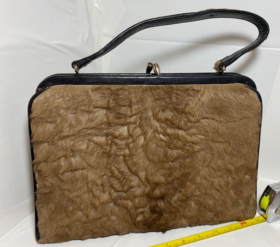 Vintage Real Fur Handbag *never used* Leather Interior Brown Taupe Beige *Llama? - Image 2 of 4