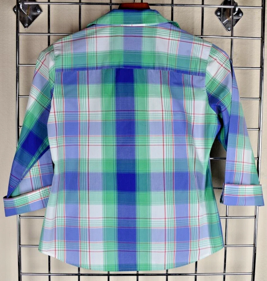 Vintage Plaid Shirt Foxcroft Size S/M 90s Purple Green Pink Big Buttons Collar - Image 3 of 4
