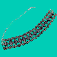 wide black glass rhinestone choker 10-16.5" gunmetal/pewter collar necklace D2