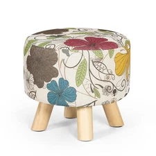 Small Round Ottoman Foot Rest Stool Linen Padded Seat Footstool Ottoman with Non