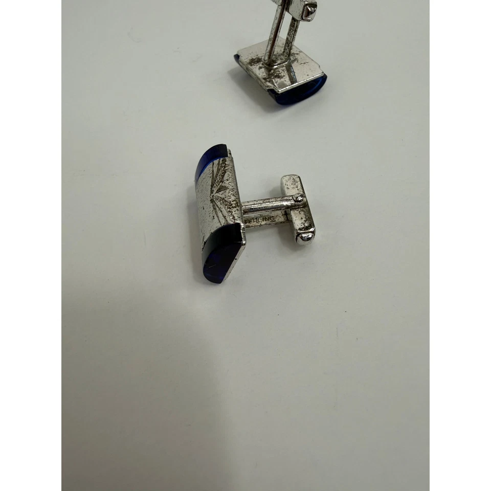 Vintage Anson Sterling Silver Engraved Cufflinks and Tie Clip Set Blue Stone - Image 4 of 4