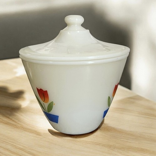 Vintage FIRE KING Oven Ware Tulip Flower Ivory Grease Jar With Lid - Picture 3 of 9