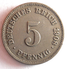 1908 E GERMAN EMPIRE 5 PFENNIG - Excellent Coin - FREE SHIP - Germany Bin #16