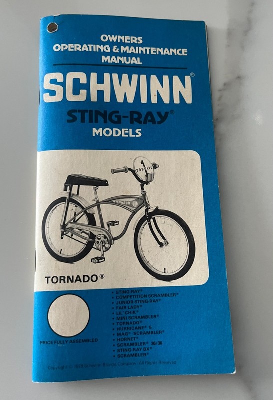 Vintage Schwinn Stingray & Tornado Owners Operating & Maintenance Manual 1978 - 
