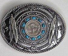 Buffalo Nickel Belt Buckle with Turquoise Western Cowboy Rodeo Boho Style