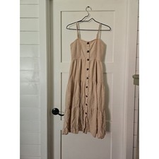 American Eagle Linen Blend Tiered Midi Dress Tan Beige Smocked Button Front Smal