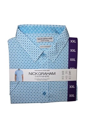 Nick Graham Everywhere Stretch Button Up SS Men's Top Turquoise Geometric XXL Nw