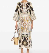 Tory Burch Sundial Printed Linen Caftan Dress Sun Compass Astrology Navy Blue S