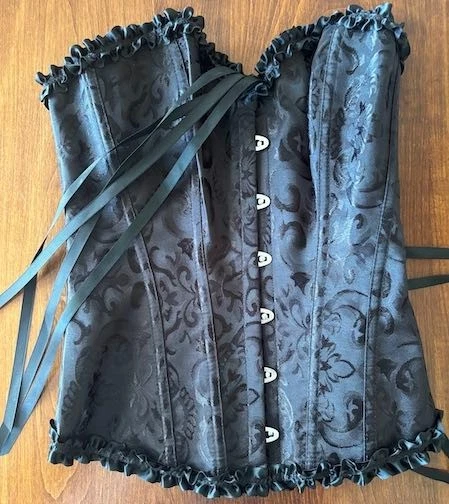 VINTAGE BLACK DAMASK CORSET BONED LACING RIBBONS METAL HOOKS SZ XS - Image 2 of 4