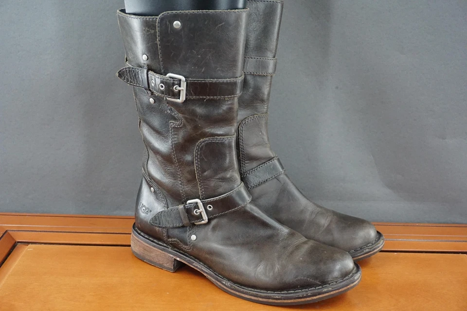 Botas UGG Mujer Talla 8 Marrón Cuero Ingeniero Moto Arnés Hebilla Cremallera Alta Foto 3 de 4