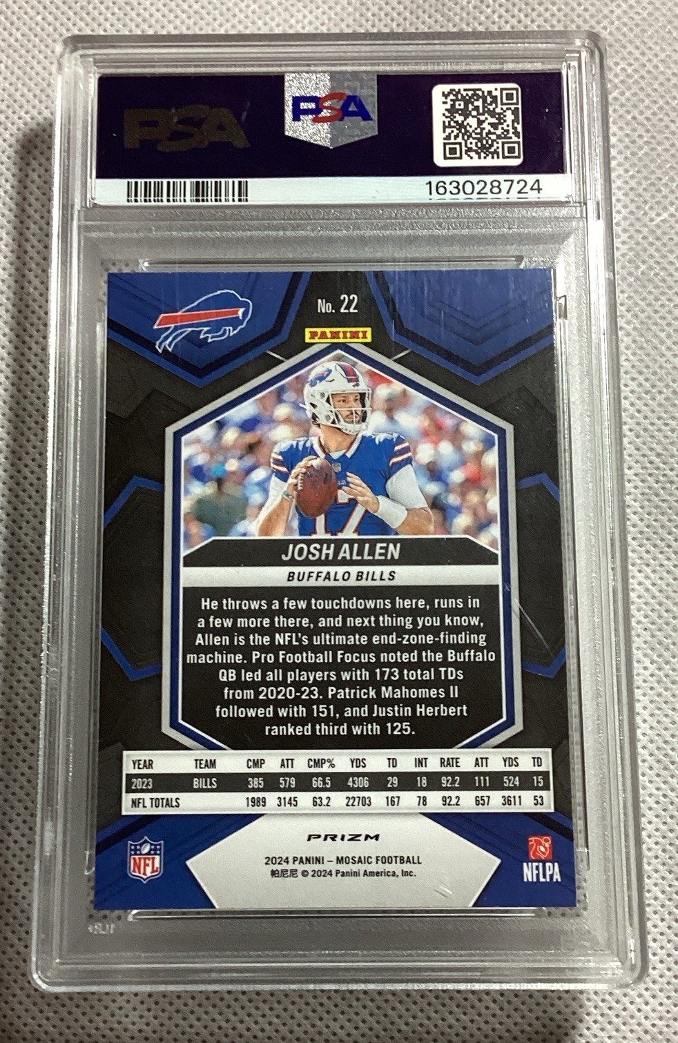 2024 Panini Mosaic Josh Allen Buffalo Bills #22 Reactive Yellow Prizm PSA 10 view 2