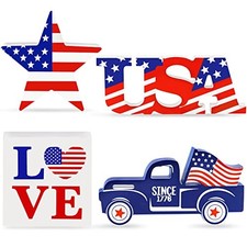 4th of July Decor Patriotic Decorations 4Pcs Wooden Star USA LOVE Car Sign