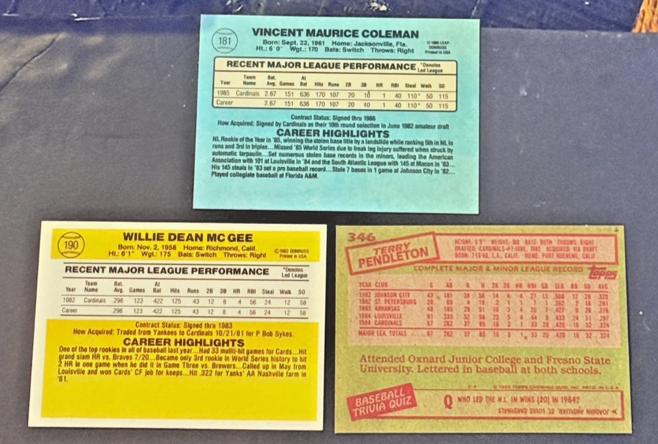 (3) ST LOUIS CARDINALS EN TARJETA AUTOS DE NOVATO - con McGEE, V. COLEMAN, T. PENDLETON Foto 2 de 2