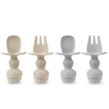 PandaEar (4 Pack) Silicone Baby Led Weaning Spoon Fork| First Carnation Grey 