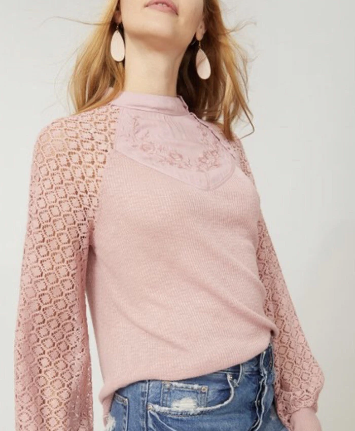 Free People Sweetest Thing Rose Embroidered Lace Long Sleeve Thermal Top  Size XS | eBay