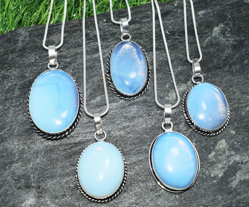 Lotes de 5 piezas colgantes con cadena con piedras preciosas de opalita enchapadas en plata 925 al por mayor Foto 3 de 4