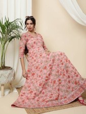 Indian Women Pink Floral Cotton Anarkali Flared Kurta Kurti New Dress Top Tunic