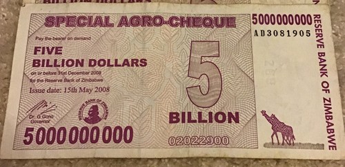 Lotto di 5 x banconote Zimbabwe. 5 miliardi di dollari. Datato 2008.  - Foto 2 di 3