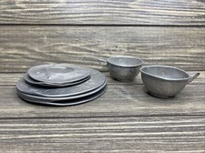 Vintage Sliver Tin Metal Nursery Rhyme Play Kitchen Plates Tea Cups Lot