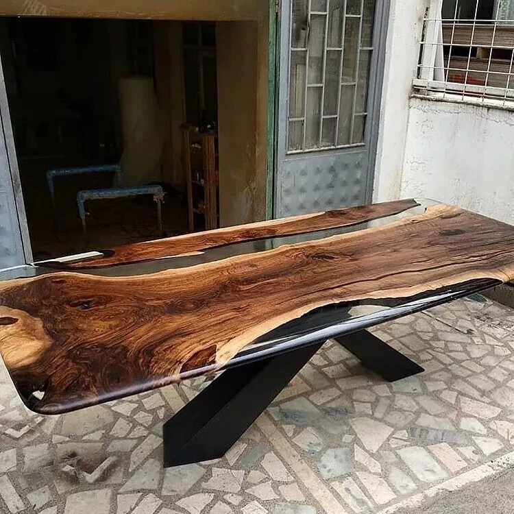 Modern Clear Epoxy Dining Table with Handmade Wood Resin Tabletop-image
