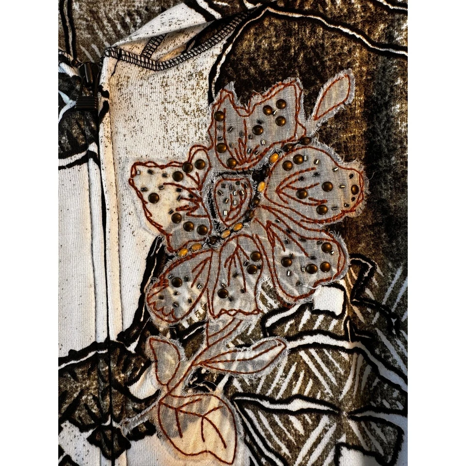 Sudadera Coldwater Creek Mujer M Blanca Marrón Floral Embellecida Con Cuentas Foto 4 de 4