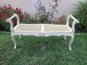 Vintage Beige Wooden Carved Bedroom Bench Rattan ...