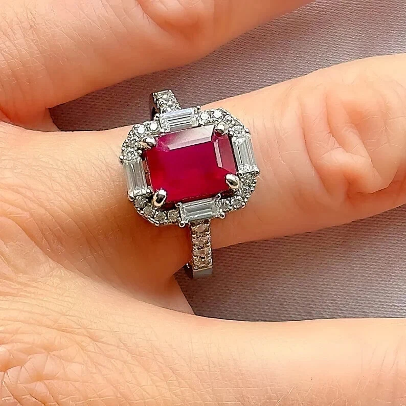Anillo de aniversario de diamantes rubí rojo natural de 3,80 quilates de oro blanco de 14 quilates talla 6,5 Foto 2 de 4