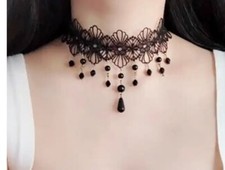 Black Lace Victorian Vintage Gothic  Gem Chain Collar Choker Necklace Pendant