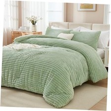Fluffy Comforter Set King, Super Soft Faux Fur King 104"x90" Sage Green