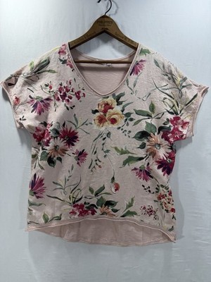 Kaktus Floral Linen Blend Top Women s Large Pink Boho Short Sleeve Made in Italy