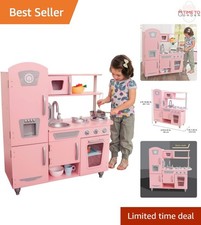 Vintage Wooden Play Kitchen Pink Retro Style Realistic Features Montessori