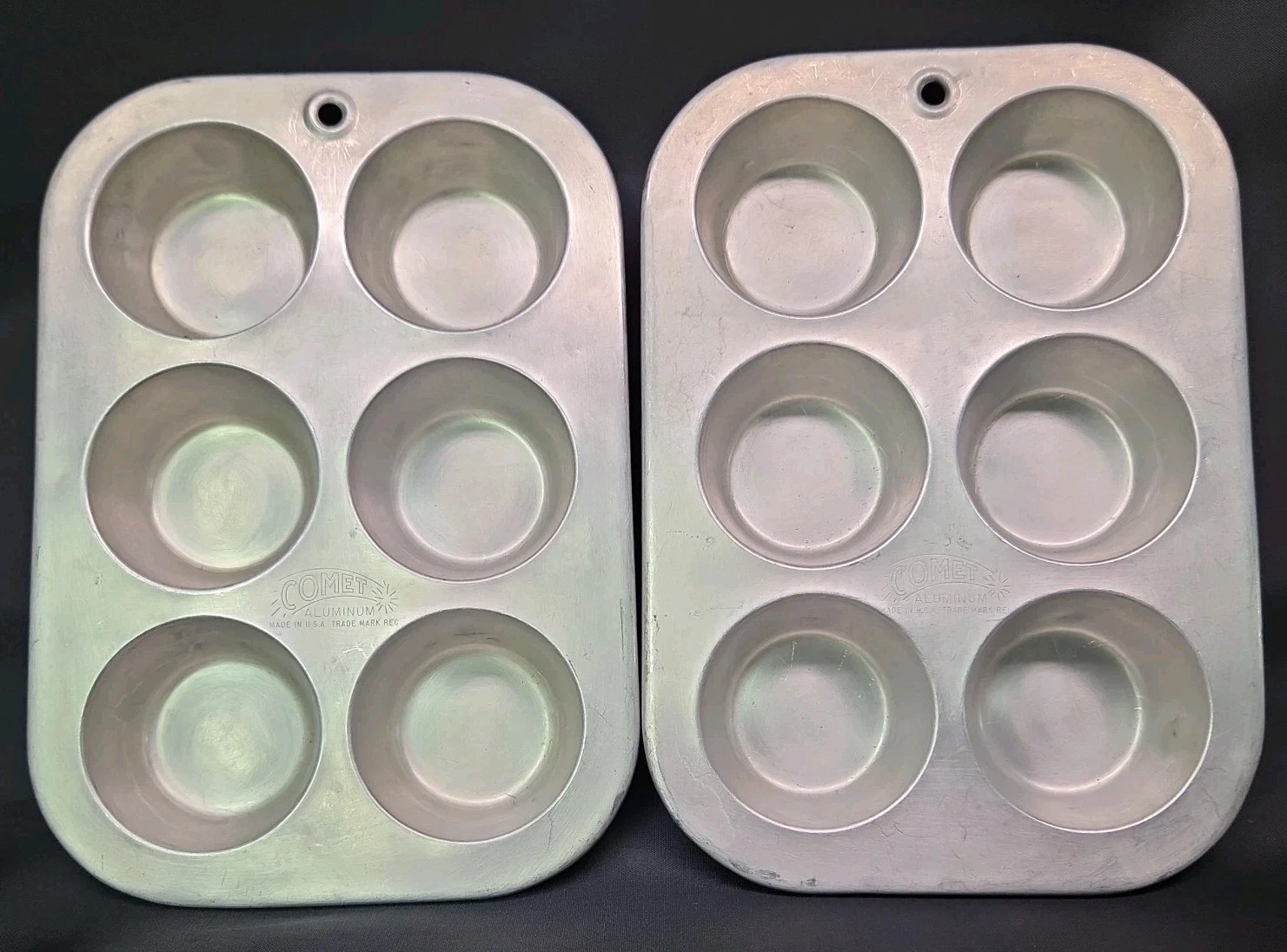 2 Vintage Comet Muffin Pans Aluminum Cupcake USA 7x10 Six Biscuit 1970’s