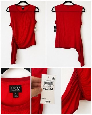 I.N.C. International Concepts Womens Knit Tank Top Ruched Solid Red Asymmetric M