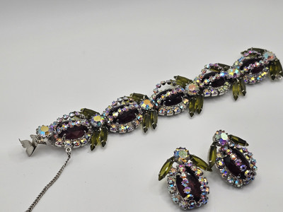 Amethyst and Olive color Art Glass Vintage Kramer Inspired Earring/Bracelet Set 