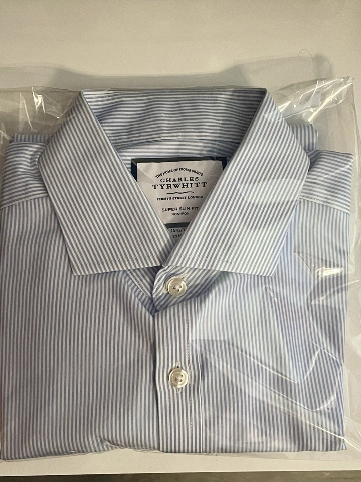 Camisa de vestir Charles Tyrwhitt para hombre•15,5/33 No•Iron SuperSlimFit azul/blanco a rayas Foto 2 de 4