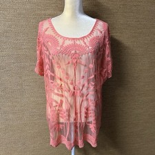 Cato Blouse Women 22/24W Coral Crochet Lace Sheer Top Short Sleeve Peasant Boho