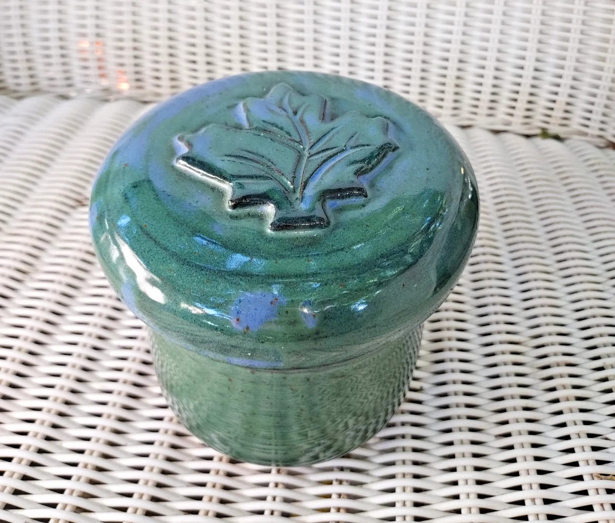 French Butter Bell Keeper Crock Maple Leaf Signed Pottery Green Blue EUC
