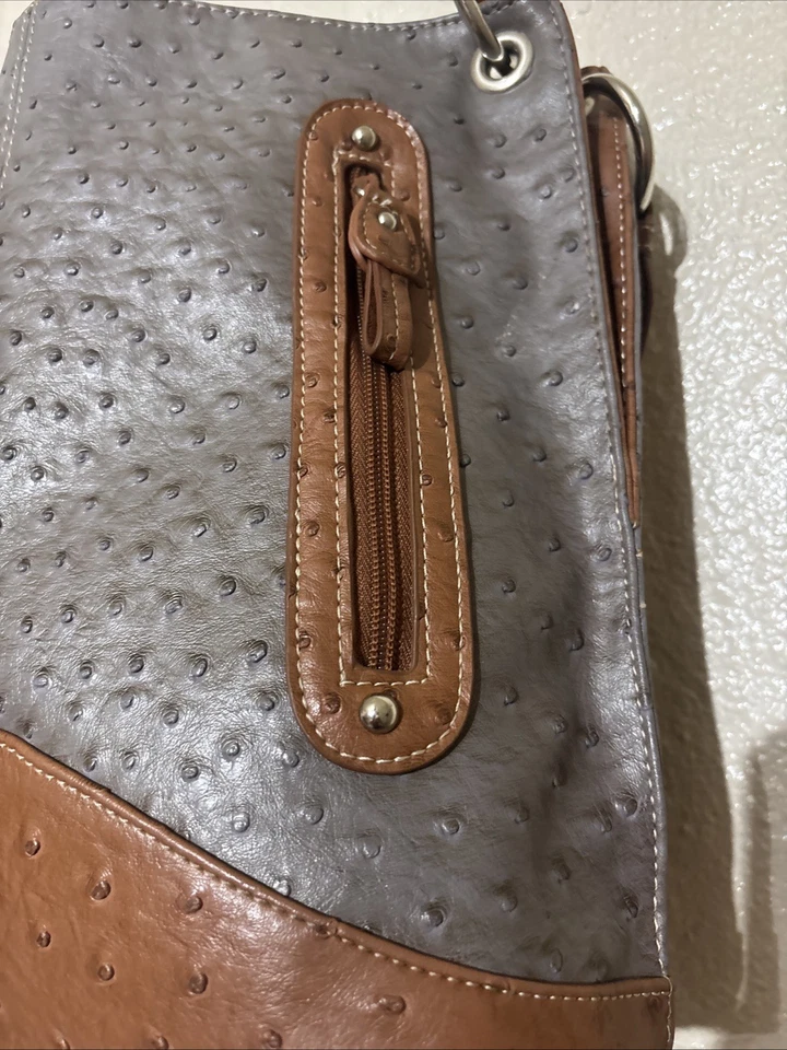 Женская сумочка Laura Scott серо-коричневая/коньячная с тиснением страуса - Изображение 4 из 4