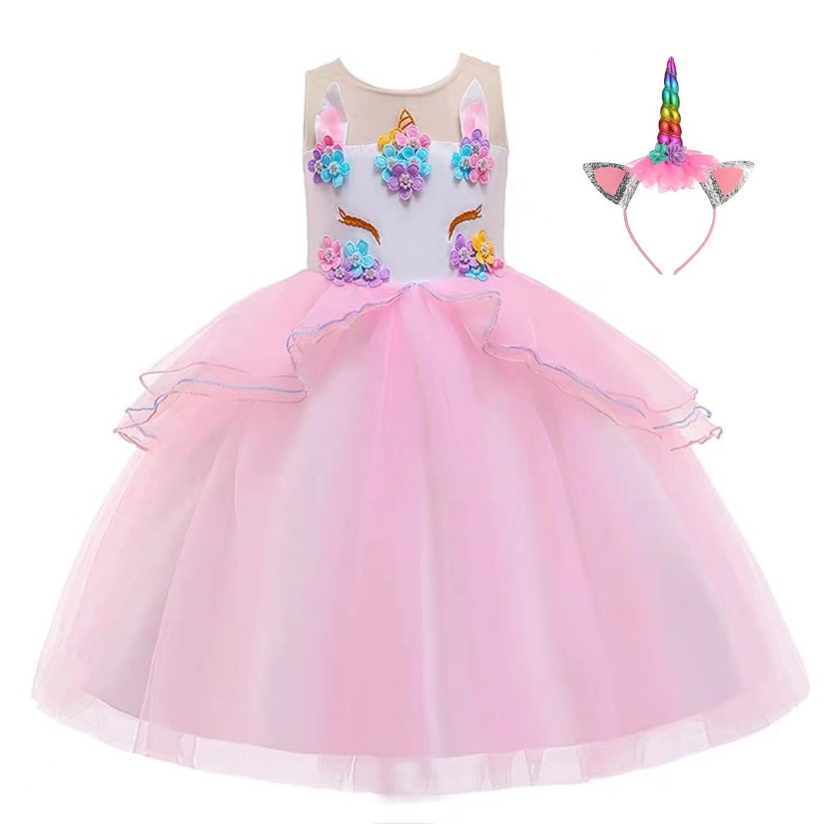 Conjunto de disfraz de princesa y diadema de unicornio para niñas para fiesta de cumpleaños elegante