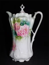 VTG CHOCOLATE POT PINK ROSES UNMARKED RS PRUSSIA