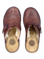 UGG Women's Brown Leather Faux Fur Lined Clog Mule Slippers