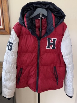 Tommy Hilfiger Mens Puffer Jacket Large Red White Hooded Varsity Coat