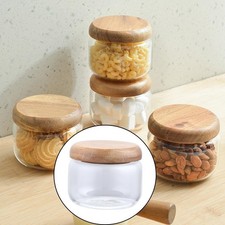 Image of Small Glass Airtight Canister with Wood Lids 300ml Orgnizer Container Clear for