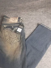 True Religion Ricky Relaxed Straight Jeans W32 L34 Blue Distressed NWT